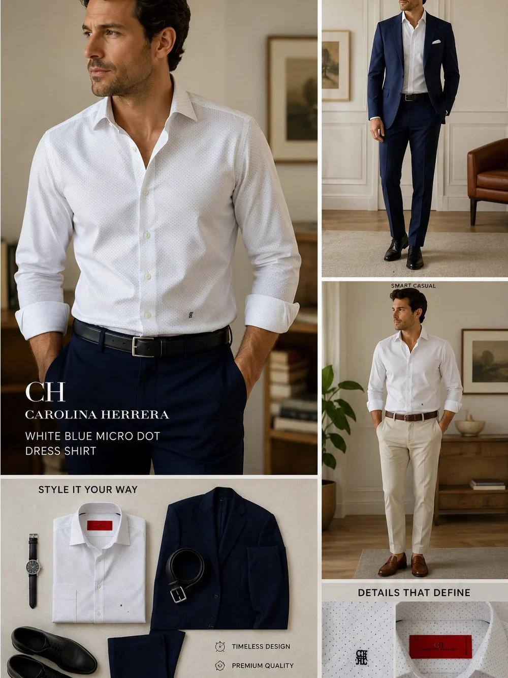 Carolina Herrera CH White Blue Micro Dot Dress Shirt Men’s 15.5 Luxury Button - Picture 6 of 7
